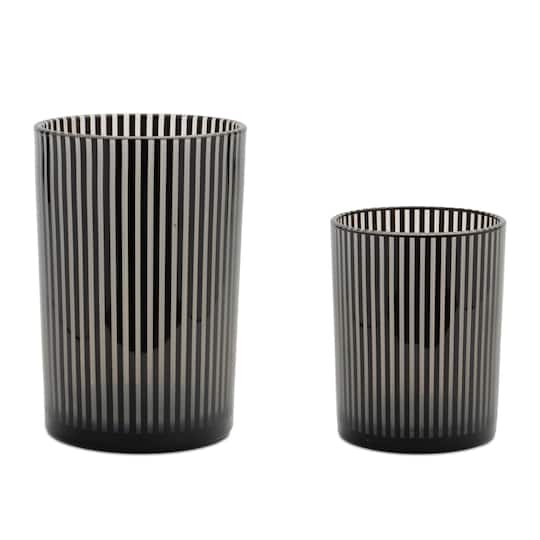 Black & White Striped Glass Candle Holder Set